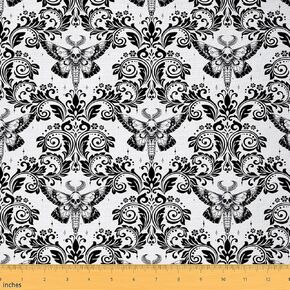 Feelyou Adults White Black Vintage Damask Floral Fabric by The Yard Oriental Antique Decorative Waterproof 1 Yard Gothic Bohemia Boho Flower Upholstery Fabric for Chairs Gothic Skull