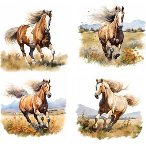 4 Piece 6"x6" Horses 100% Cotton Fabric Panel Squares | Quilting Panel Blocks
