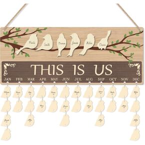 TOARTi Lovely Bird Themed Family Birthday Calendar Board with 100 pcs Tags (15.75''x 6.3''), This is Us Family Birthday Wall Hanging, DIY Wooden Birthday Calendar Tracker Plaque for Home Office