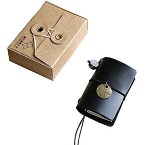 Tiny Handmade Refillable Leather Travelers Notebook Journal - with 2 Blank Refills, 1 Brass Pendant and Gift Pack - 5.5cm x 4cm(Mini Size) Black