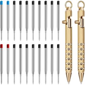 Origin-Joy 2 Pack Bolt Action Pen Set, Six Edge Solid Brass EDC Pocket Tactical Pen With 20 Ballpoint Refills (Natural Brass & Nickel Gray)