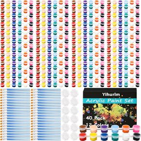 40 Pack Mini Acrylic Paint Set,12 Color Acrylic Paint Strips for Kids&Adults,Washable Paint Set 40 Flat and 40 Pointed Brushes,12 Paint Palettes,Kids Paint Set for Painting Artistic Crafts
