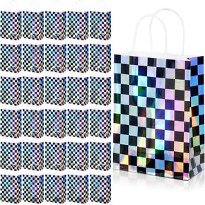 16Pcs Iridescent Checkered Race Car Party Favor Bags, Black and Iridescent Car Goodie Bags with Handles, Laser Plaid Kraft Paper Candy Gift Treat Bags for Kids Fast Race Car Birthday Party Decorations