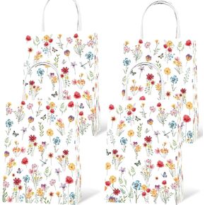 Lecheme Floral Gift Bags 24 PCS Wildflower Gift Bags Spring Flower Welcome Bags for Wedding Bridal Shower Wildflower Party Favor Bags Small Gift Bags With Handles