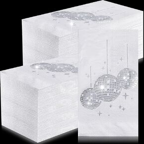 100 Pcs Disco Party Cocktail Napkins with Silver Foil Guest Towel Paper Disposable 70s 80s 90s Party Supplies Cocktail Napkins for Wedding Birthday Graduation 3 Ply 4 x 8 in(White Background)