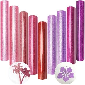 Lzerking Iron on Vinyl 9 Sheets Assorted Colors Glitter Heat Transfer Vinyl, 12in x 10in Pink Red Purple Bulk Htv Vinyl for Bags, Gift Easy to Cut & Weed Vinyl for xTool M1, Cricut Cutting Machines