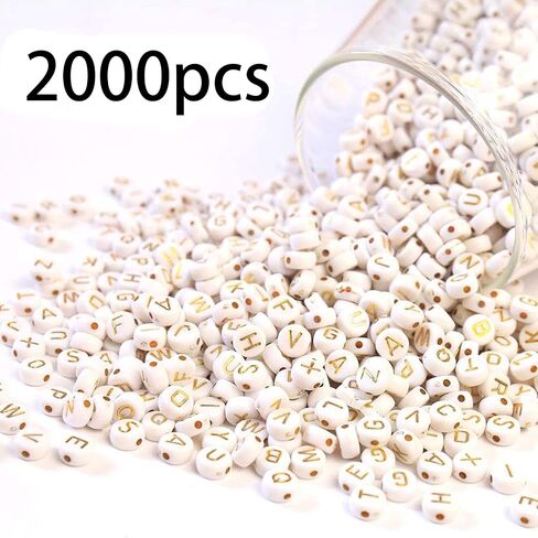 Dahi 2000pcs Beads Gold Letter Beads Acrylic Alphabet Beads A-Z Letters for Jewelry Making Beads (Round Round Gold White (2000pcs)) in Kuwait