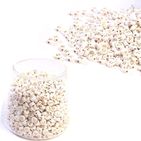 Dahi 2000pcs Beads Gold Letter Beads Acrylic Alphabet Beads A-Z Letters for Jewelry Making Beads (Round Round Gold White (2000pcs)) in Kuwait