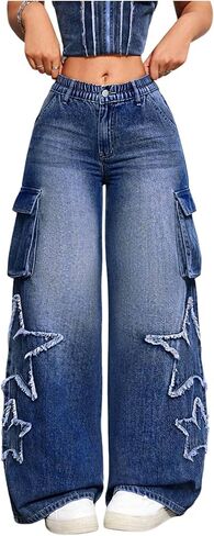 SHENHE Women's Low Waisted Wide Leg Cargo Jeans Star Denim Pants Loose Y2k Baggy Jeans Streetwear in Saudi Arabia