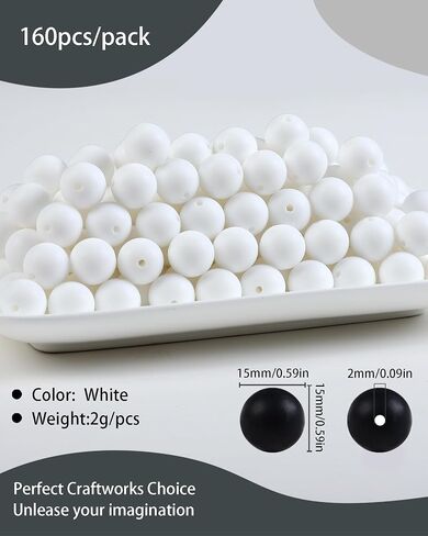 160Pcs 15mm Silicone Beads, Silicone Beads Bulk for Keychain Making Kit, Rubber Round Beads Silicone Focal Beads for Pens, Necklace, Jewelry, Art, DIY Crafts Making (White) in Saudi Arabia