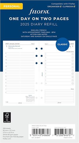 Filofax Calendar Diary Refill, Personal/Compact Size, Day on Two Pages with Appointments, White Paper, Bilingual, 2025 (C68417-25) in Kuwait