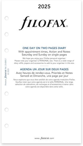Filofax Calendar Diary Refill, Personal/Compact Size, Day on Two Pages with Appointments, White Paper, Bilingual, 2025 (C68417-25) in Kuwait