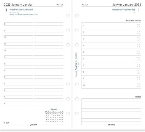 Filofax Calendar Diary Refill, Personal/Compact Size, Day on Two Pages with Appointments, White Paper, Bilingual, 2025 (C68417-25) in Kuwait