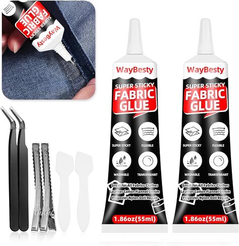 Fabric Glue, Strong Fabric Adhesive Permanent Washable Clear Clothing Glue for All Fabrics, Cotton, Flannel, Denim, Leather, Polyester, Doll Repair,Rhinestones, Patches(2pcs) in Saudi Arabia