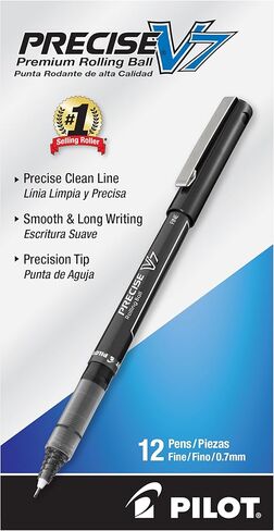 Pilot, Precise V7, Capped Liquid Ink Rolling Ball Pens, Fine Point 0.7 mm, Black, Pack of 12 in Kuwait