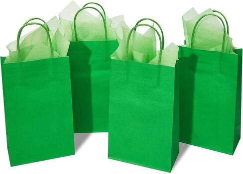 DjinnGlory 24 Pack Small Green Paper Gift Bags with Handles 9x5.5x3.15 Inch and Green Tissue Paper for Party Favors Goodies, Small Business, Merhandises (Solid Green) in Saudi Arabia