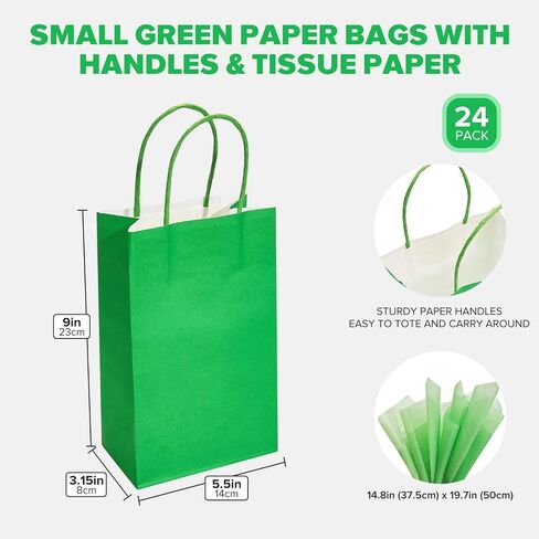 DjinnGlory 24 Pack Small Green Paper Gift Bags with Handles 9x5.5x3.15 Inch and Green Tissue Paper for Party Favors Goodies, Small Business, Merhandises (Solid Green) in Saudi Arabia