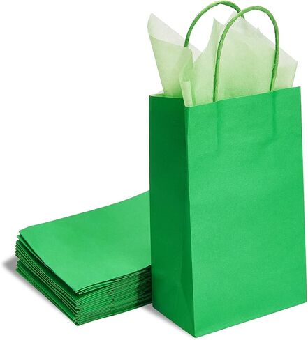 DjinnGlory 24 Pack Small Green Paper Gift Bags with Handles 9x5.5x3.15 Inch and Green Tissue Paper for Party Favors Goodies, Small Business, Merhandises (Solid Green) in Saudi Arabia