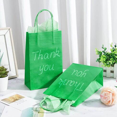 DjinnGlory 24 Pack Small Green Paper Gift Bags with Handles 9x5.5x3.15 Inch and Green Tissue Paper for Party Favors Goodies, Small Business, Merhandises (Solid Green) in Saudi Arabia