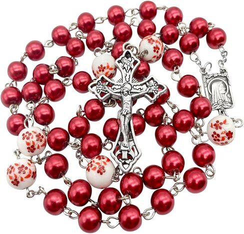Nazareth Store Blue Pearl Beads Rosary White Flowers مطرزة قلادة Lourdes Medal & Cross Cross Cross in Kuwait