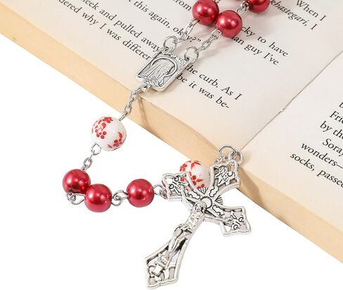Nazareth Store Blue Pearl Beads Rosary White Flowers مطرزة قلادة Lourdes Medal & Cross Cross Cross in Kuwait