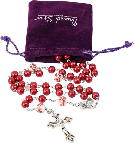 Nazareth Store Blue Pearl Beads Rosary White Flowers مطرزة قلادة Lourdes Medal & Cross Cross Cross in Kuwait