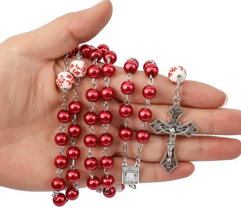 Nazareth Store Blue Pearl Beads Rosary White Flowers مطرزة قلادة Lourdes Medal & Cross Cross Cross in Kuwait