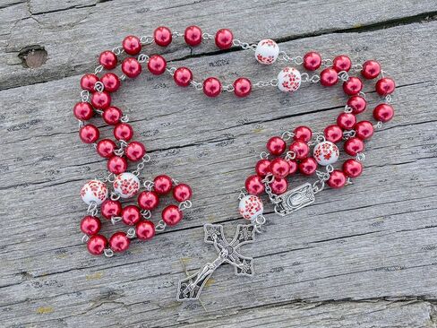Nazareth Store Blue Pearl Beads Rosary White Flowers مطرزة قلادة Lourdes Medal & Cross Cross Cross in Kuwait