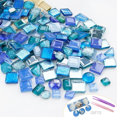 400g Mixed Shapes Glass Mosaic Tiles for Crafts Crystal Craft for Adults Kids Stained Glass Supplies for Bathroom Kitchen (Blue Series) in Saudi Arabia