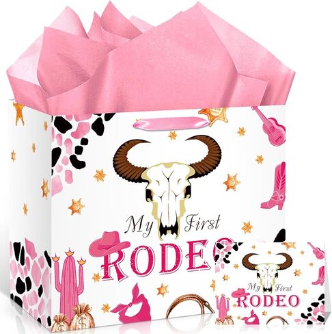My First Rodeo Birthday Gift Bag Western Cowgirl 1st Birthday Gift Bag with Tissue Paper Card Pink First Rodeo Birthday Decor Girls Wild West 1st Wrapping Paper Bags for Baby Girl Bday Party Supply in Kuwait