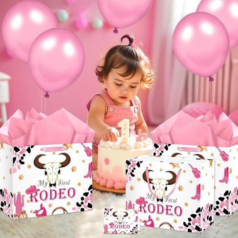My First Rodeo Birthday Gift Bag Western Cowgirl 1st Birthday Gift Bag with Tissue Paper Card Pink First Rodeo Birthday Decor Girls Wild West 1st Wrapping Paper Bags for Baby Girl Bday Party Supply in Kuwait