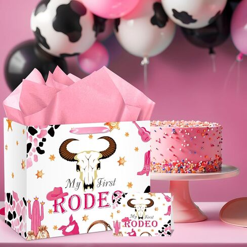 My First Rodeo Birthday Gift Bag Western Cowgirl 1st Birthday Gift Bag with Tissue Paper Card Pink First Rodeo Birthday Decor Girls Wild West 1st Wrapping Paper Bags for Baby Girl Bday Party Supply in Kuwait