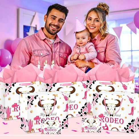 My First Rodeo Birthday Gift Bag Western Cowgirl 1st Birthday Gift Bag with Tissue Paper Card Pink First Rodeo Birthday Decor Girls Wild West 1st Wrapping Paper Bags for Baby Girl Bday Party Supply in Kuwait