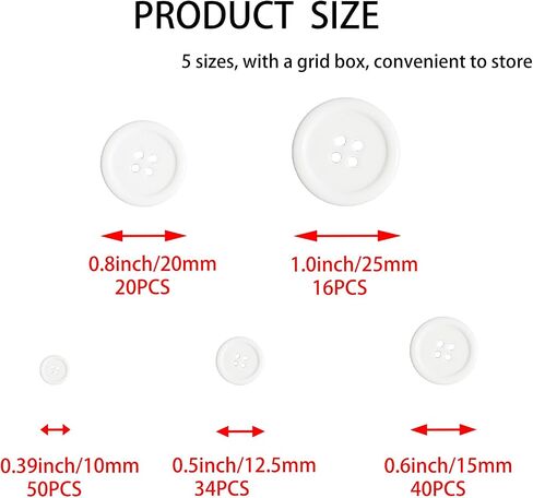 Lilaly 160 pcs White Buttons for Crafts Buttons, Button DIY Buttons, Mixed Sewing Buttons, 5 Sizes of White Round Mixed Buttons Suitable for for Crafts, Coats, Shirts, Pants, Shorts and More (White) in Saudi Arabia