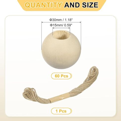 uxcell 60Pcs Wooden Beads, 30mm/1.2inch Natural Color Ball Spacer Bead Unfinished Round Loose Beads for Crafts Jewelry Making Party Decoration (6mm Hole) in Saudi Arabia
