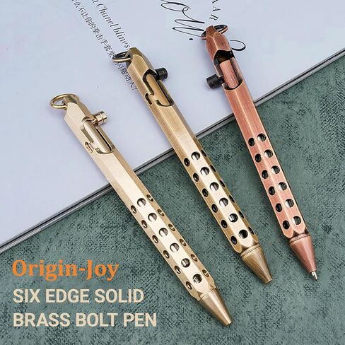 Origin-Joy 2 Pack Bolt Action Pen Set, Six Edge Solid Brass EDC Pocket Tactical Pen With 20 Ballpoint Refills (Natural Brass & Nickel Gray) in Saudi Arabia