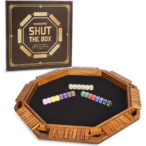 VAMSLOVE Upgraded 2-8 Players Shut The Box Dice Game-8-Way Wooden Board Table Math Game with 16+6 Dices - Close The Box Game for Kids, Adults Families Party Club (Instruction Included)