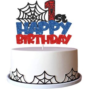 Happy 1st Birthday Cake Topper, Spider Cartoon Movie Themed Happy 1st Birthday Cake Decor for Men Boy Children, One Year Birthday Party Supplies