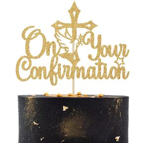 On Your Confirmation Cake Topper, First Communion/Baptism/Christen Day/Baby Shower/Wedding Day Decorations Supplies Gold Glitter