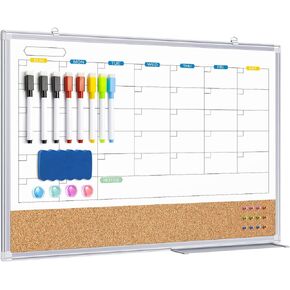 Calendar Whiteboard Dry Erase Cork Board Combo for Wall, 24" x 18" Monthly Magnetic Calendar White Board and Bulletin Board for Office, Kitchen, School, Home