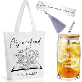 Inbagi Book Lovers Gifts Set Include 16oz Drinking Glass with Bamboo Lid and Straw for Library Tote Bag Stainless Steel Bookmark Gift for Reader Teacher Women(Elegant, 13 x 15 x 4'')