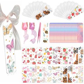 86PCS Acrylic Bookmark Blanks Kit, 20 Sublimation Bookmarks with 25PCS UV DTF Sticker, 20PCS Ribbon, 20PCS Holographic Bags, 1PCS Tweezers, Clear Bookmark Kit for DIY and Gifts (Fruit Animals)