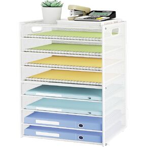 SUBEKYU 9 Tier Paper Organizer for Desk - Black Metal Mesh Letter Tray File Paper Sorter Organizer Include 6 Pcs Adjustable Height Slid Tray with Handles for Office School Home Organization Storage