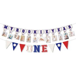 Baseball 1st Birthday Decorations First Year Photo Banner My Rookie Year Banner One Year Old Banner for Boys Baby First Birthday Party Supplies Baseball Theme Birthday Party