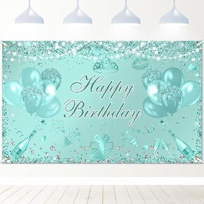 Teal Silver Birthday Banner 6x3.6 ft Turquoise Birthday Decorations Mint Green Banner for Men Women Teal Photo Background