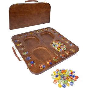 4 Player Wooden Mancala Board Game,4 Player Mancala Board Game Set, Great Glass Beads,Classic & Portable Marble Game for Family Game Night and Travel Game