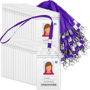 Shappy 100 Pcs Vertical Name Badge Holders with Lanyard, ID Card Waterproof Clear Plastic Vertical Name Tags Badge Holders Transparent PVC Pouch for Office School Travel 65 x 115 mm(Black)