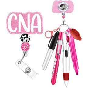 Plifal Nurse Pen Set Badge Reel Holder Accessories Clip - Retractable Mini Nursing Ball Pen Permanent Marker Highlighter Light Penlight Flashlight Scissors Work Student Office Hospital Cow
