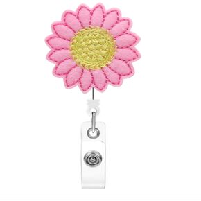 Pink Retractable Badge Holder, Embroidered Sunflower Badge Reel with 360° Swivel Alligator Clip, ID Name Badge Clip for Nurse, Teacher, Student