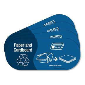 SmartSign (Pack of 4) 3.75 x 9 inch “Paper and Cardboard - Please Flatten Boxes" Recycling Sticker Labels with Symbols, 5 mil Laminated Polyester with SuperStick Adhesive, Blue and White, USA-Made